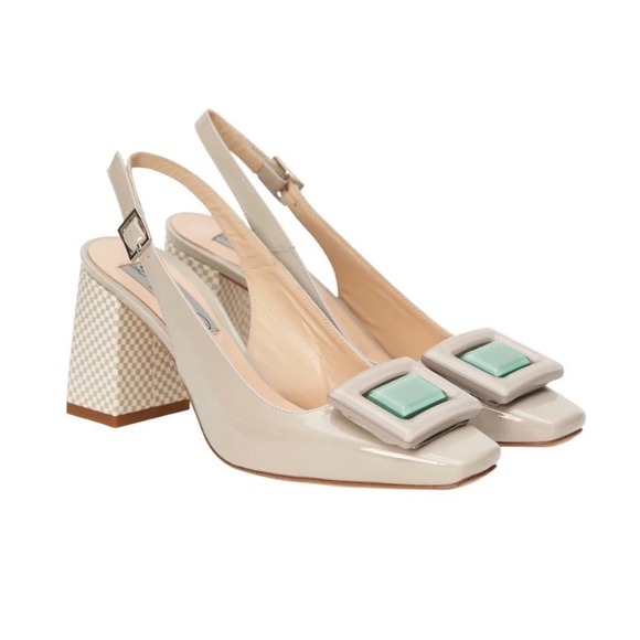 Diane B. Milano Shoes - Diane B. Milano Beige Patent Leather Slingback Block Heel Checkerboard 37.5/7.5